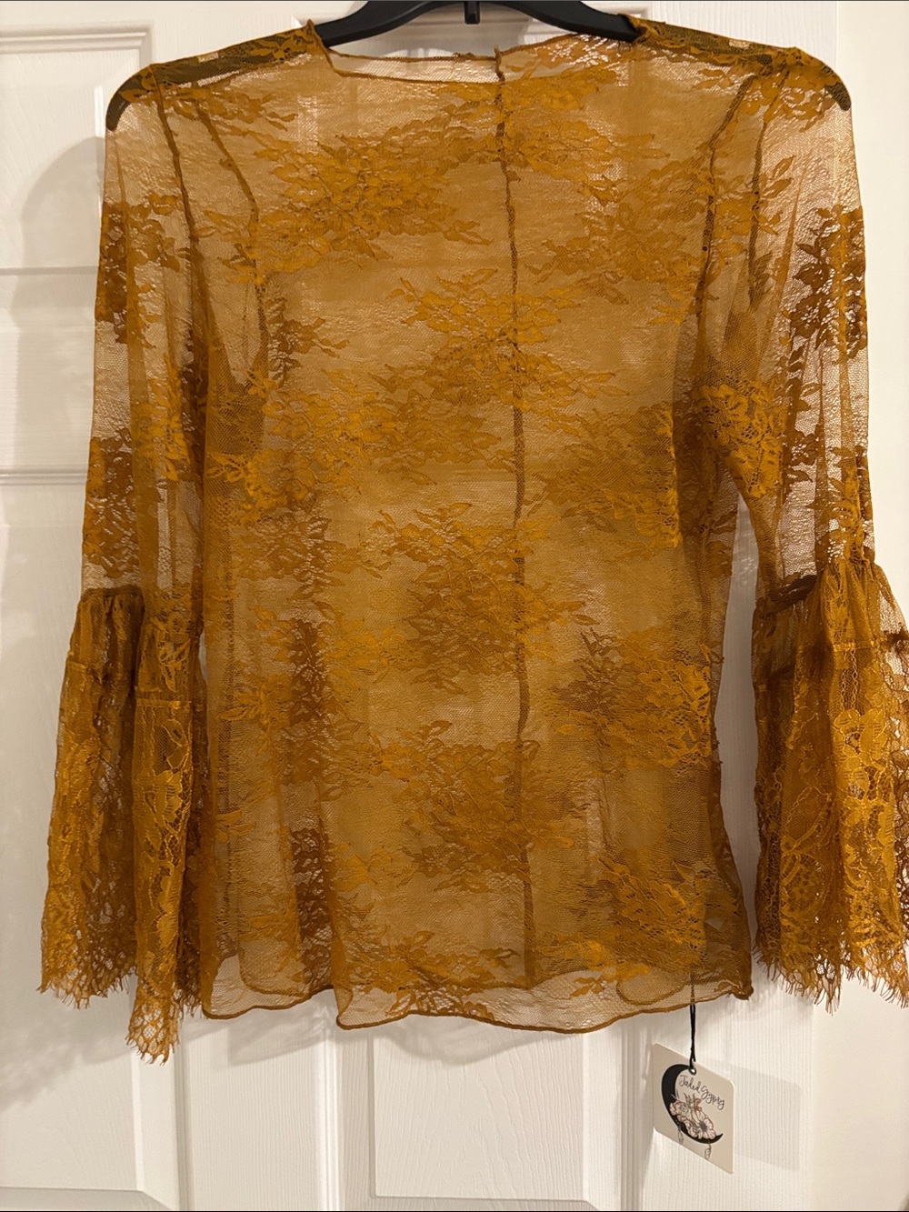 Women's Sheer Lace Bell-Sleeve Top - Mustard - Picture 2 of 5